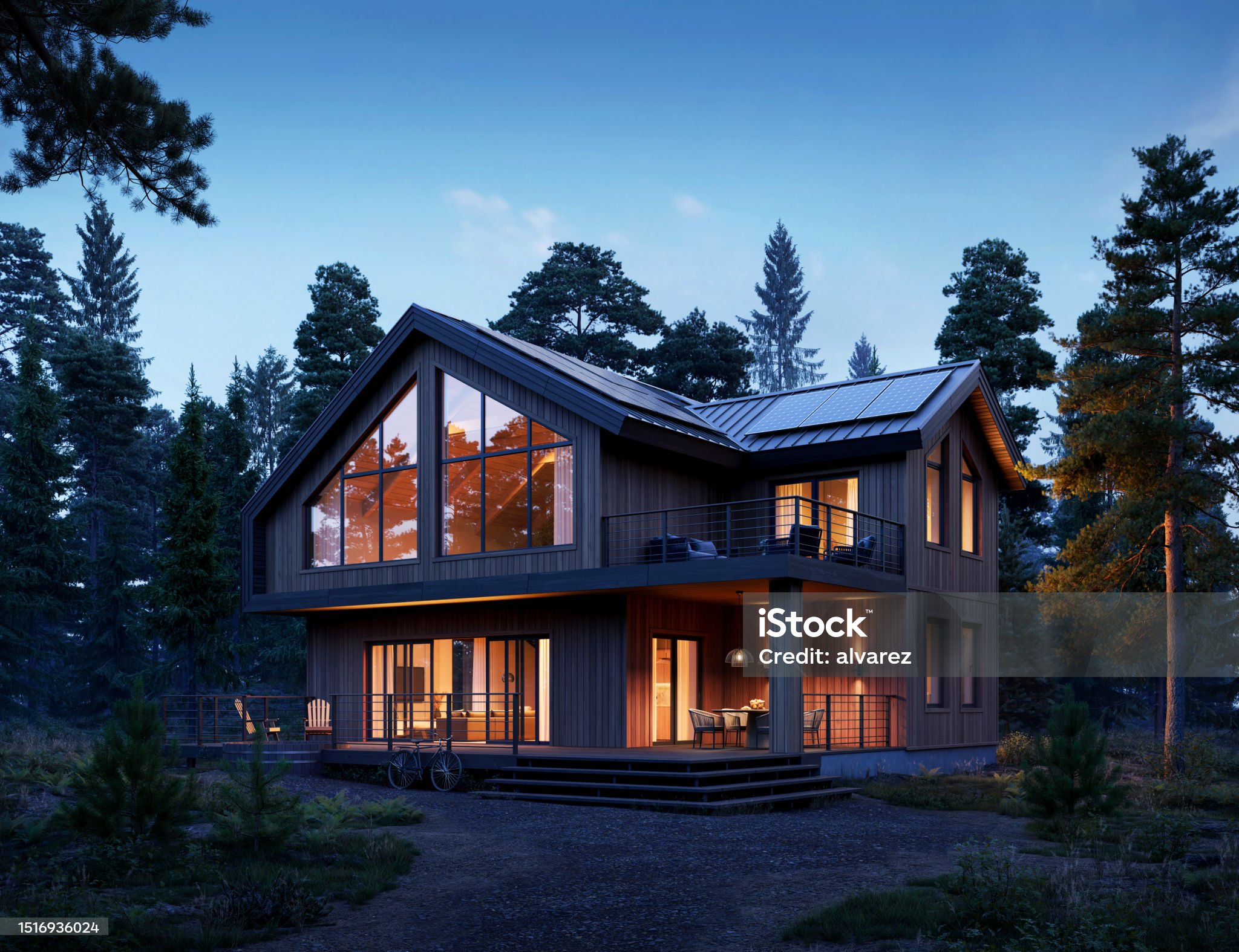 Computer generated image of a beautiful home in the forest. 3d render of modern forest house at night.